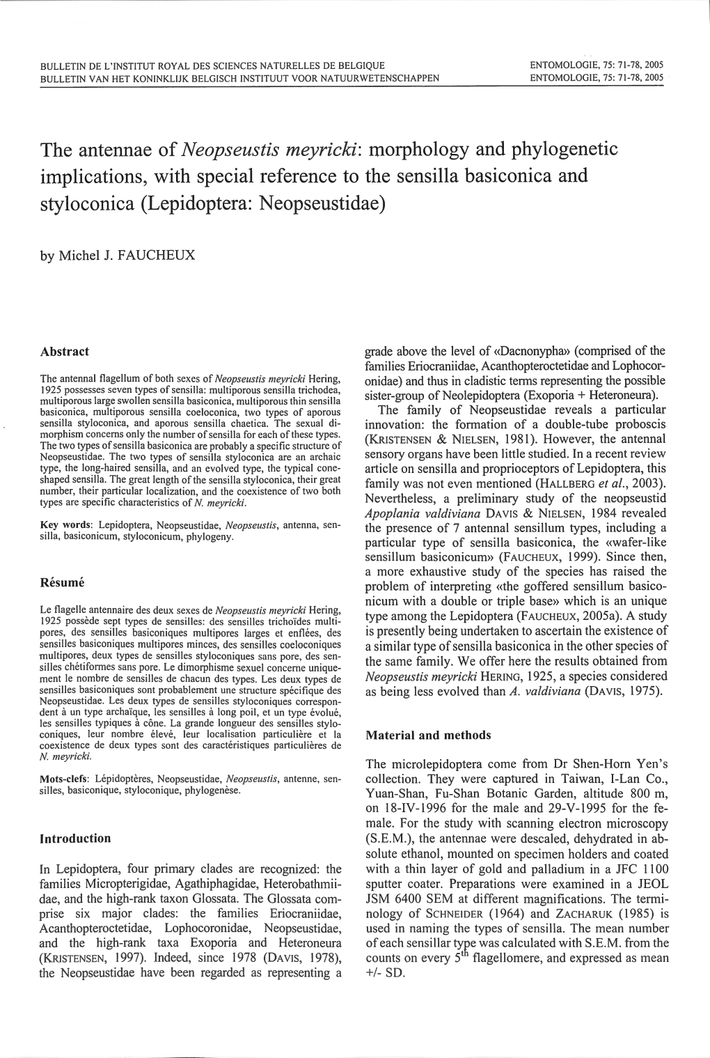 The Antennae of Neopseustis Meyricki: 1Norphology and Phylogenetic I1nplications, with Special Reference to the Sensilla Basicon