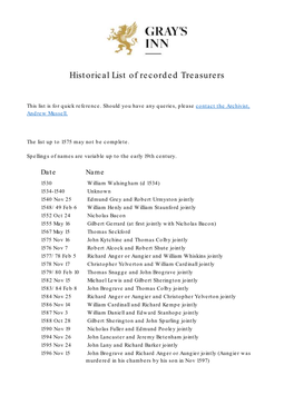 Historical List of Recorded Treasurers