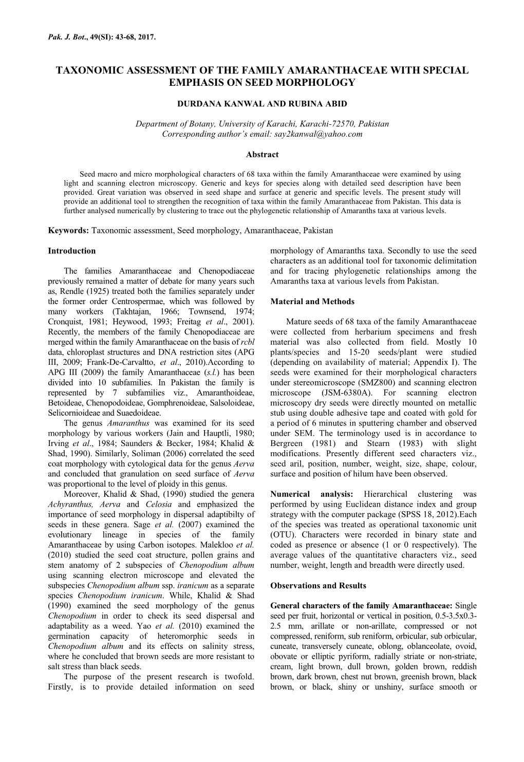 Taxonomic Assessment of the Family Amaranthaceae with Special Emphasis on Seed Morphology