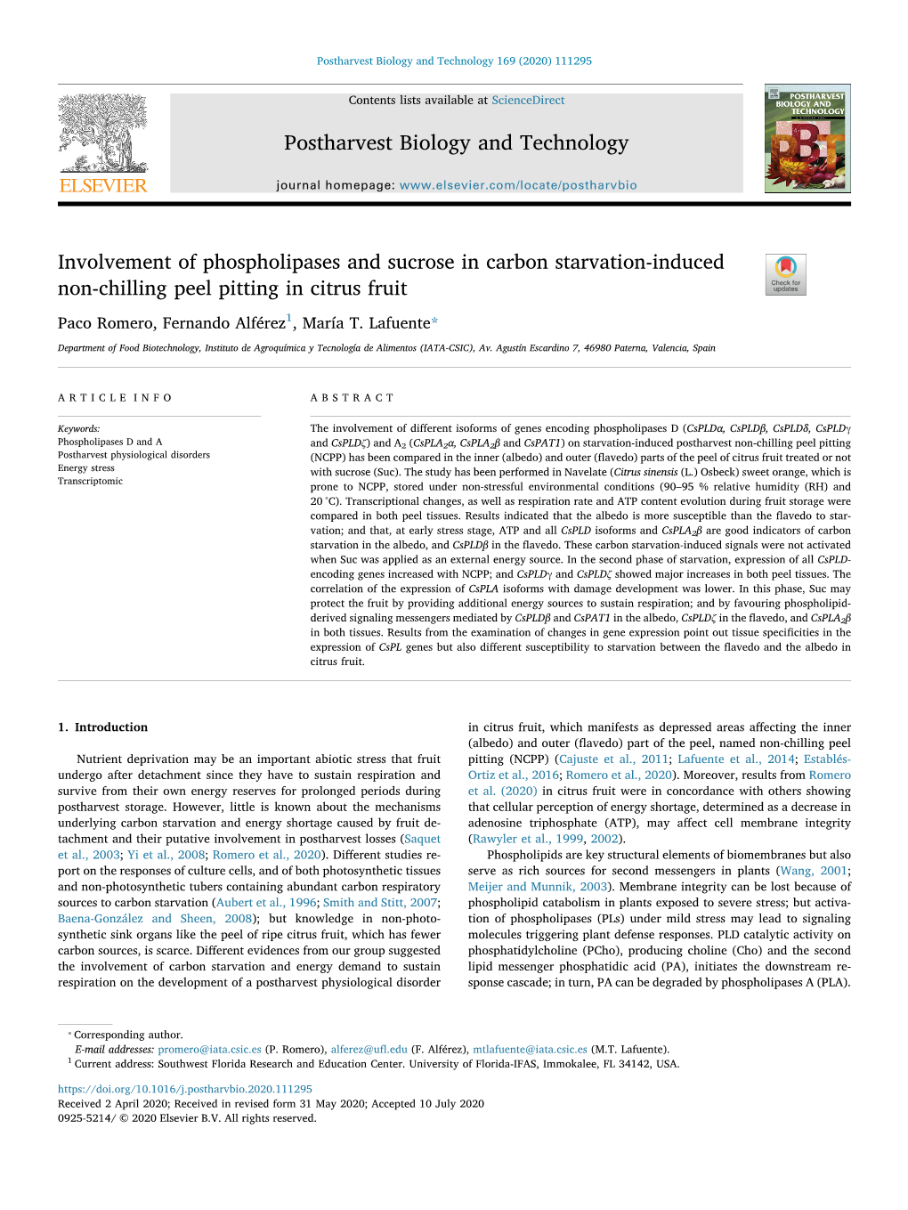 Involvement of Phospholipases and Sucrose in Carbon Starvation-Induced Non-Chilling Peel Pitting in Citrus Fruit T