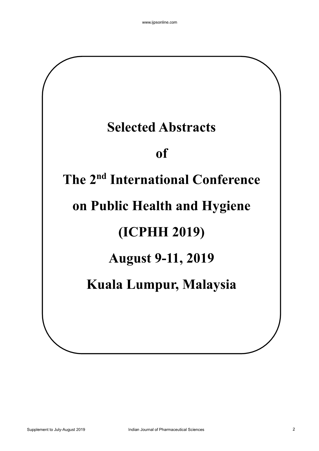 (ICPHH 2019) August 9-11, 2019 Kuala Lumpur, Malaysia