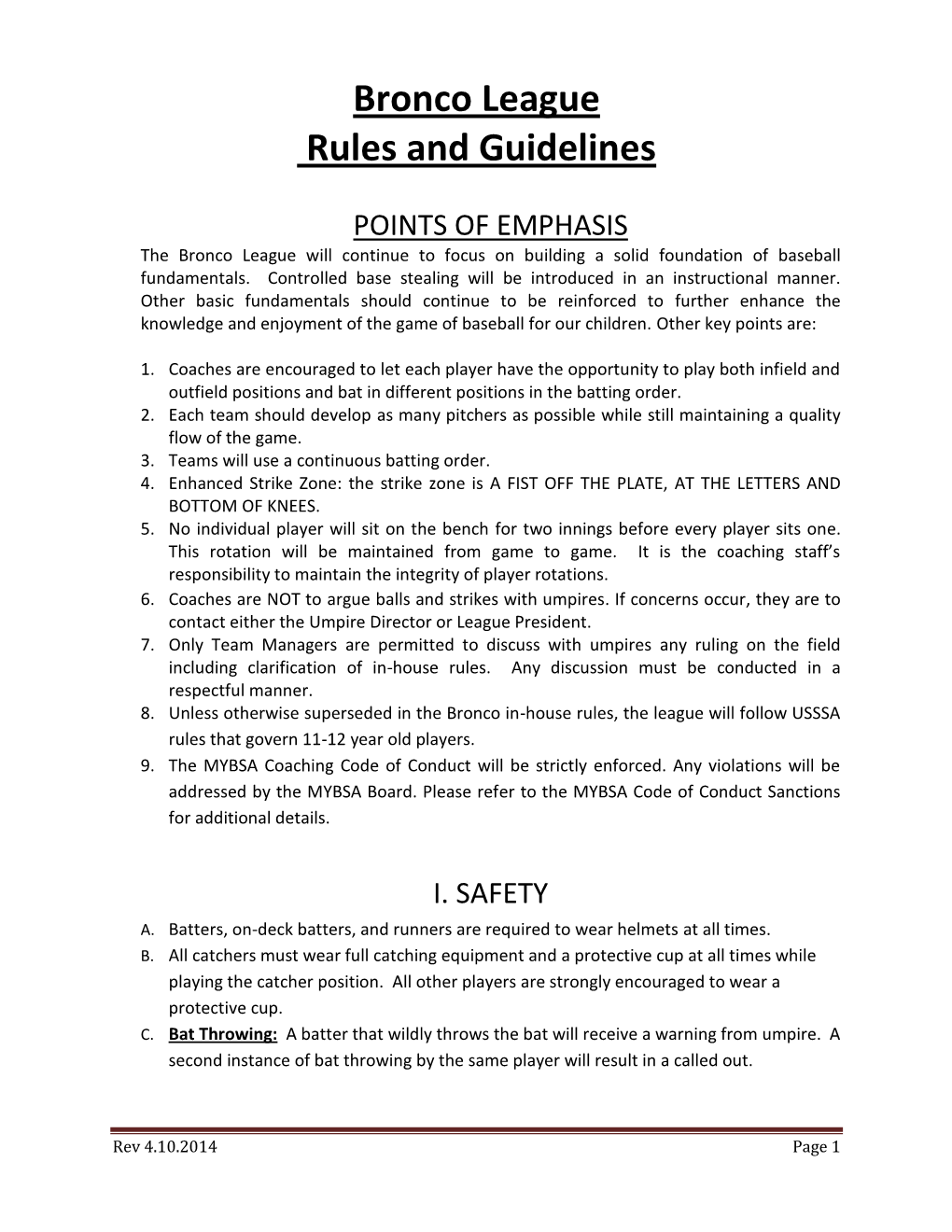 Bronco League Rules and Guidelines