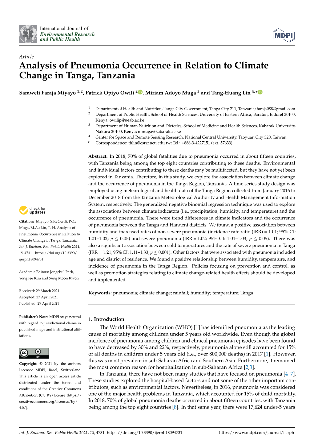 Analysis of Pneumonia Occurrence in Relation to Climate Change in Tanga, Tanzania