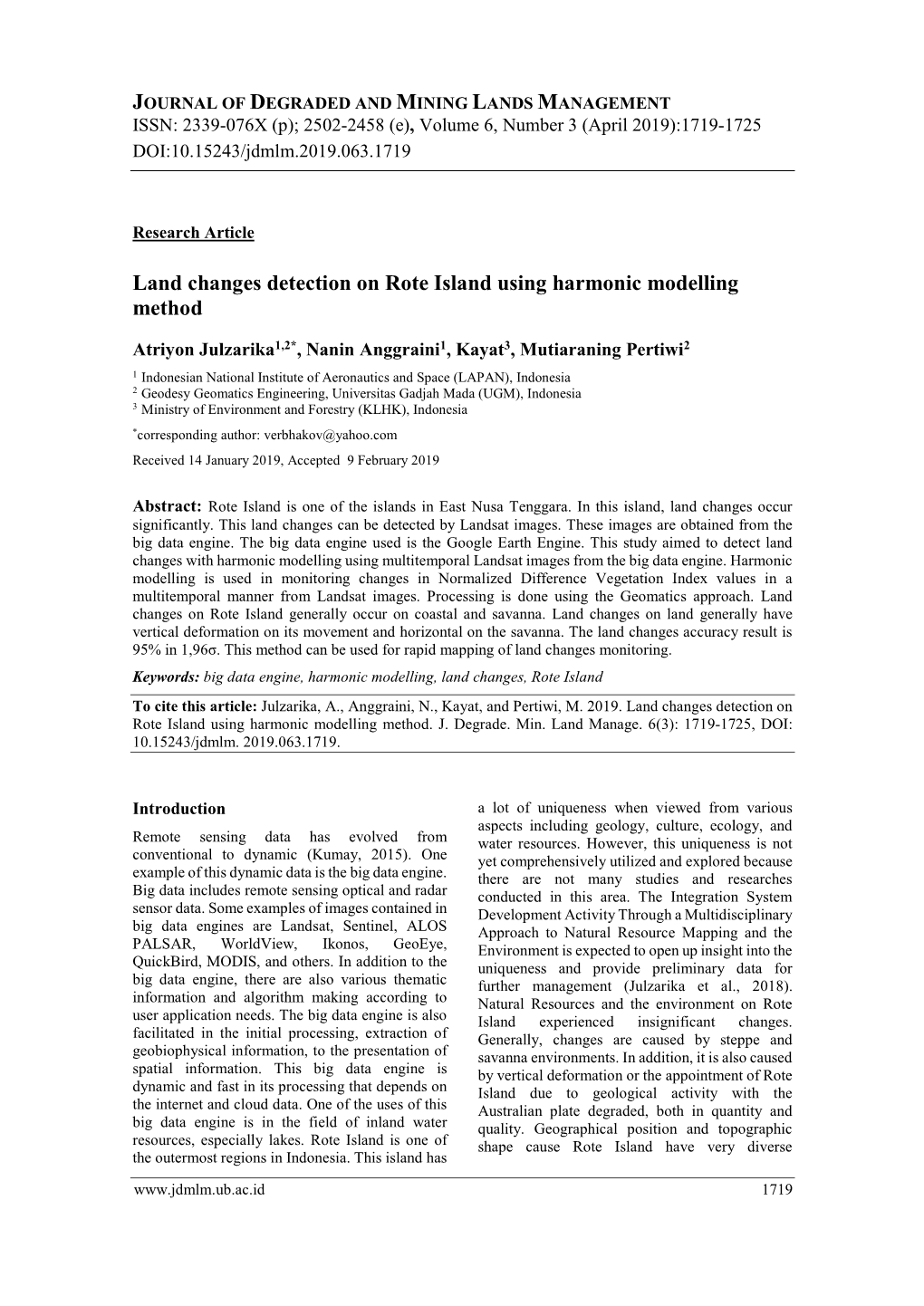 Land Changes Detection on Rote Island Using Harmonic Modelling Method