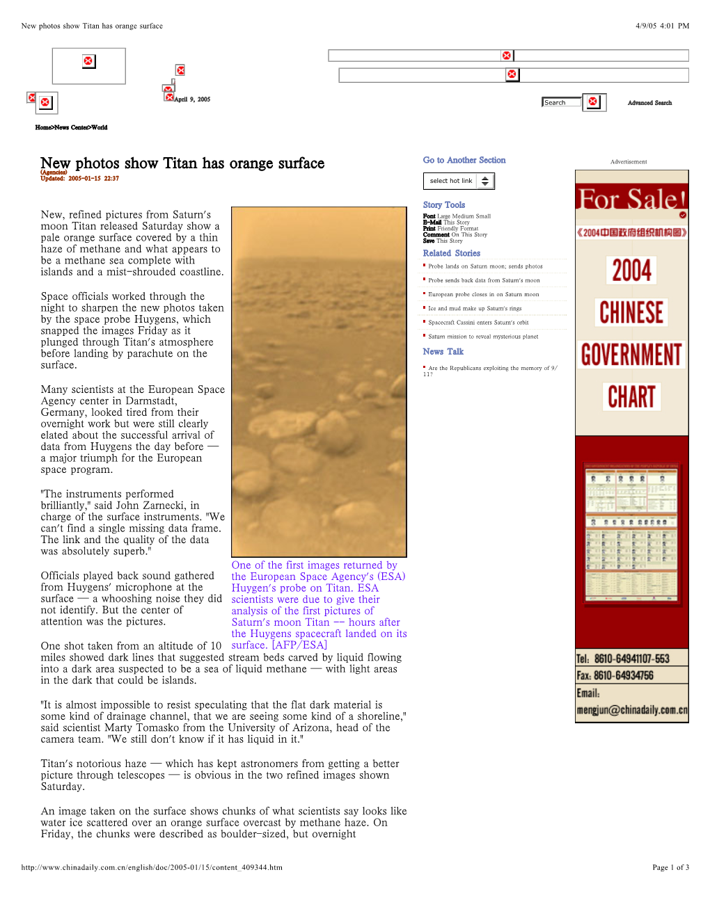 New Photos Show Titan Has Orange Surface 4/9/05 4:01 PM