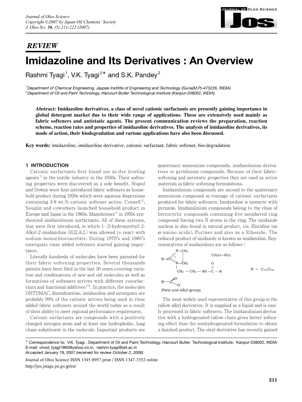 Imidazoline and Its Derivatives : an Overview Rashmi Tyagi 1, V.K