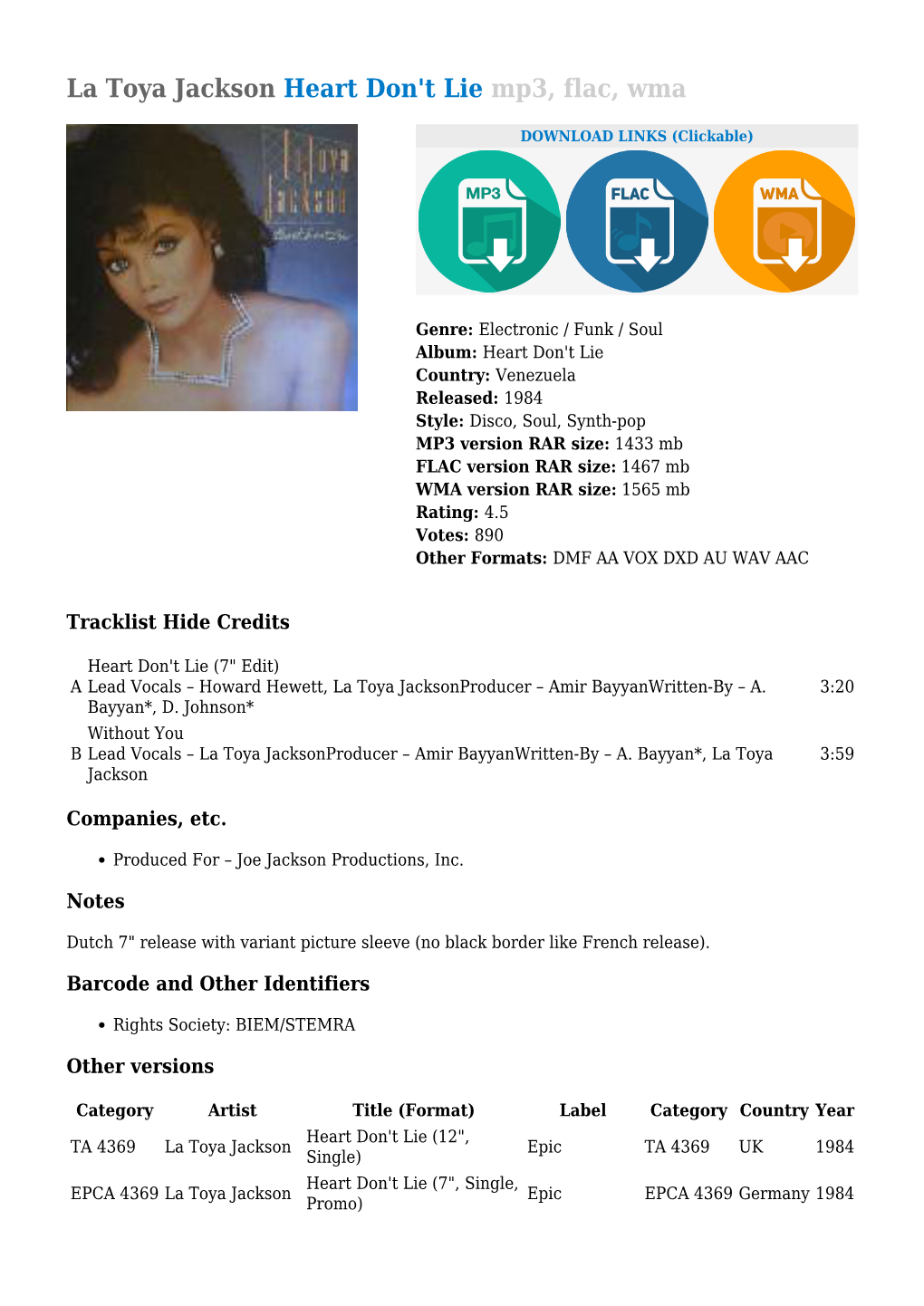 La Toya Jackson Heart Don't Lie Mp3, Flac, Wma