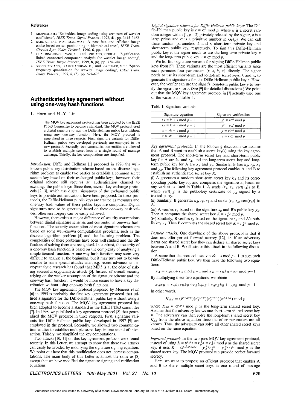 Authenticated Key Agreement Without Using One-Way Hash