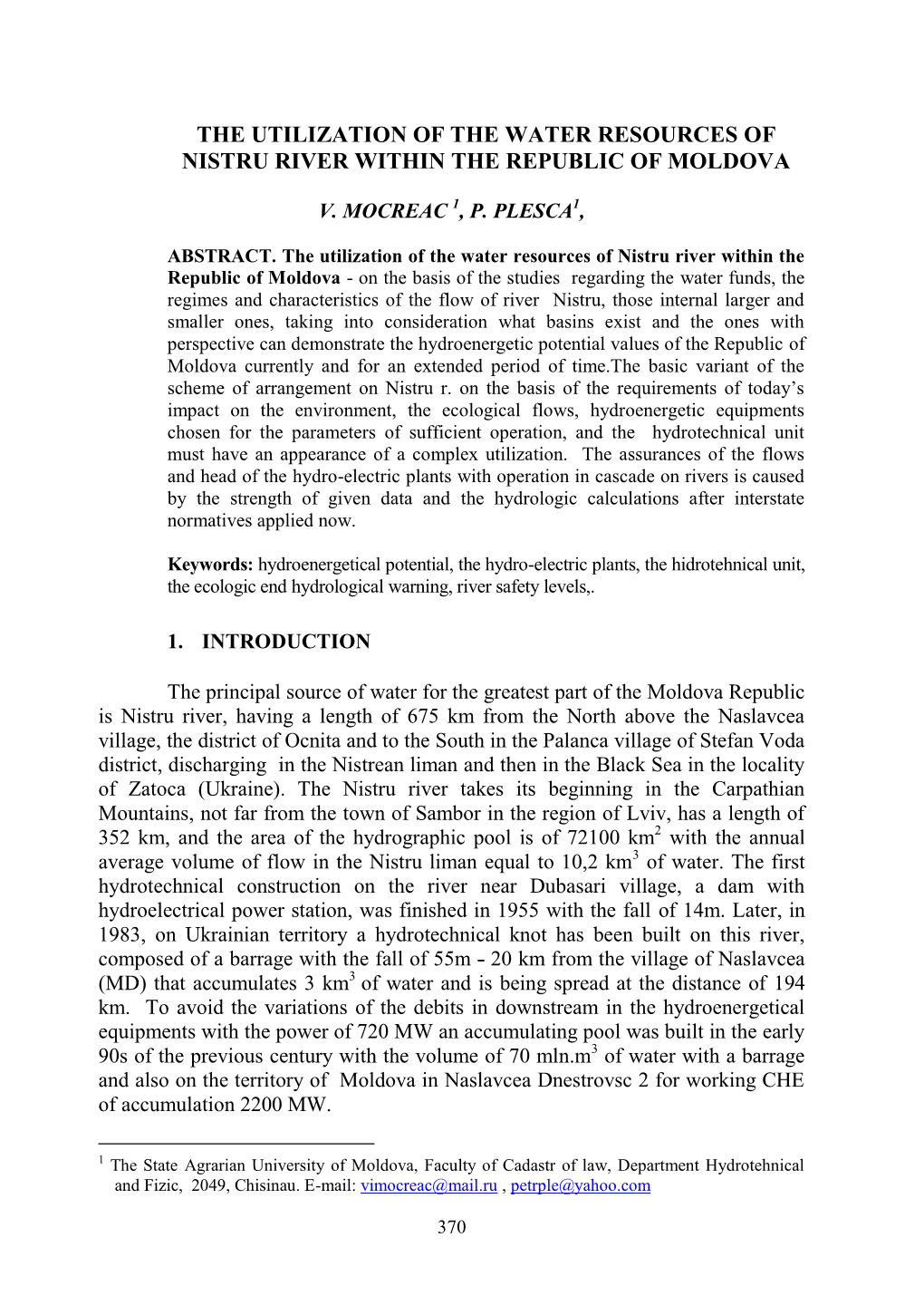 The Utilization of the Water Resources of Nistru River Within the Republic of Moldova