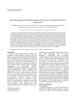 DNA Barcoding of Selected Perciformes (Infra Class: Teleostei) Fishes from Indian Coast