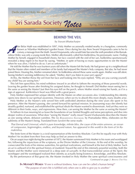 Sri Sarada Society Notes Spring 2016 Volume 22, Issue 1