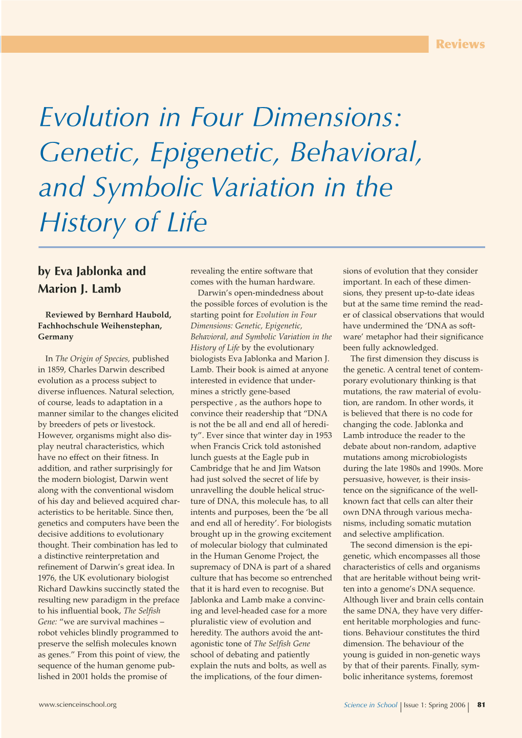 Evolution in Four Dimensions: Genetic, Epigenetic, Behavioral, and Symbolic Variation in the History of Life