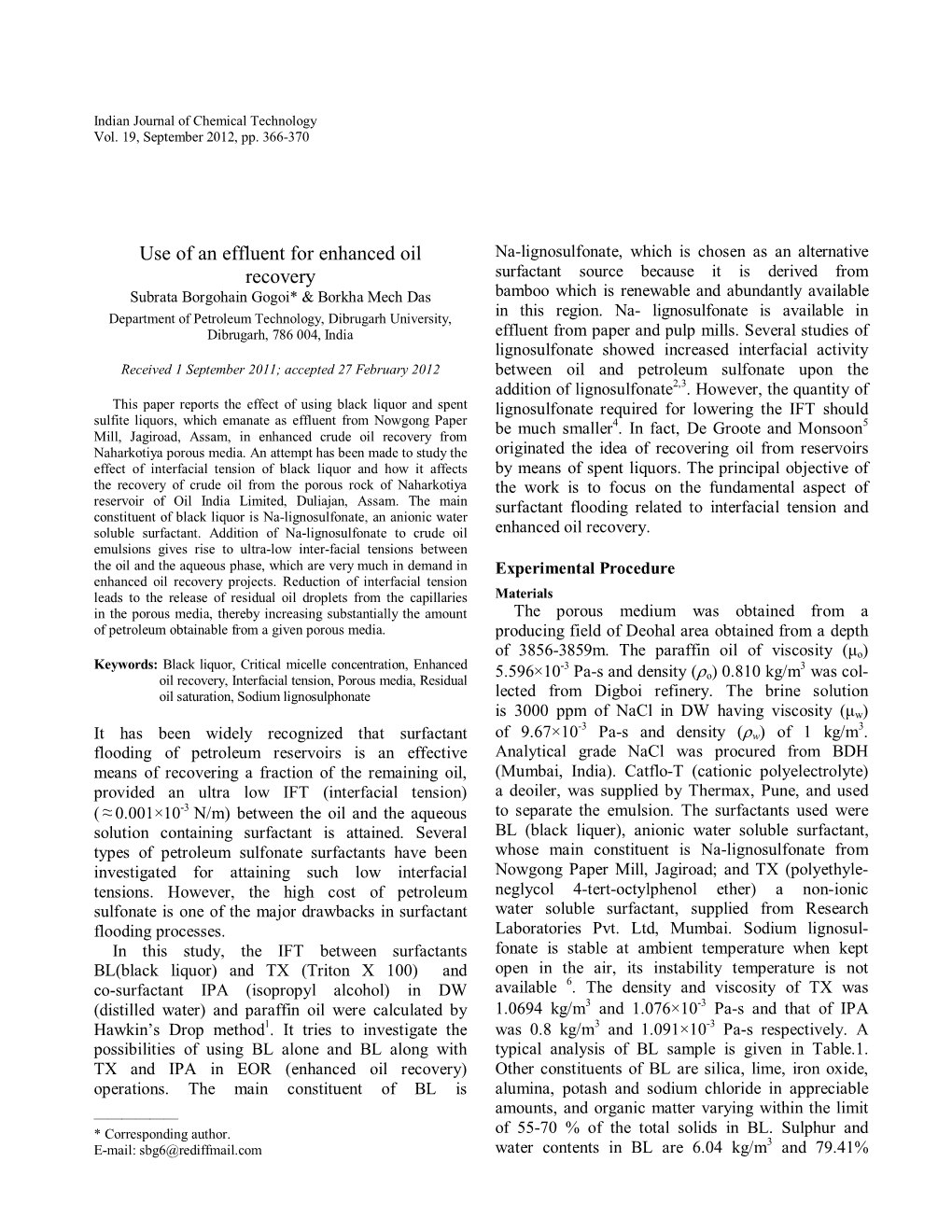 Use of an Effluent for Enhanced Oil Recovery