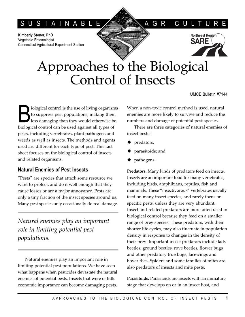 Approaches to the Biological Control of Insects UMCE Bulletin #7144