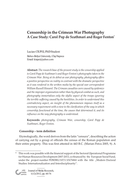 Censorship in the Crimean War Photography a Case Study: Carol Pop De Szathmari and Roger Fenton*