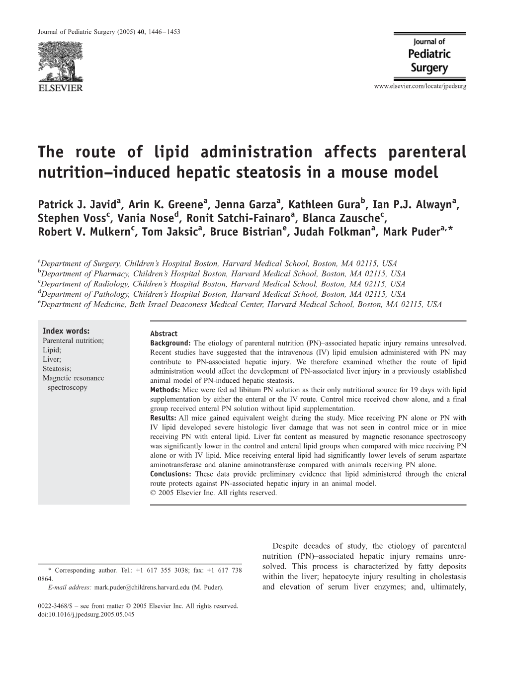 The Route of Lipid Administration Affects Parenteral Nutrition–Induced Hepatic Steatosis in a Mouse Model