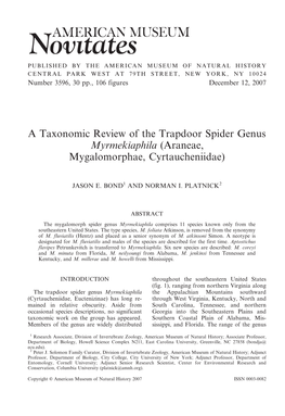 A Taxonomic Review of the Trapdoor Spider Genus Myrmekiaphila (Araneae, Mygalomorphae, Cyrtaucheniidae)