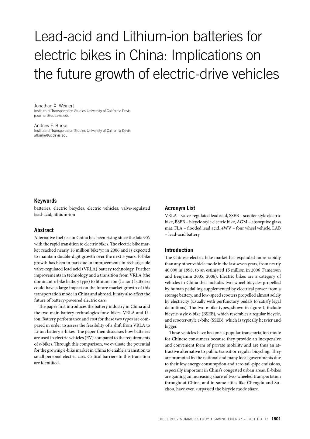 Lead-Acid and Lithium-Ion Batteries for Electric Bikes in China: Implications on the Future Growth of Electric-Drive Vehicles