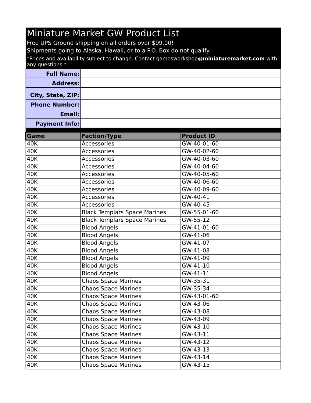 Miniature Market GW Product List Free UPS Ground Shipping on All Orders Over $99.00! Shipments Going to Alaska, Hawaii, Or to a P.O