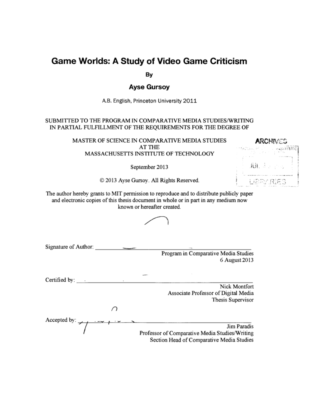 A Study of Video Game Criticism by Ayse Gursoy