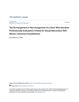 The Re-Assignment Or Non-Assignment of a Cleric Who Has Been Professionally Evaluated & Treated for Sexual Misconduct with Minors: Canonical Considerations