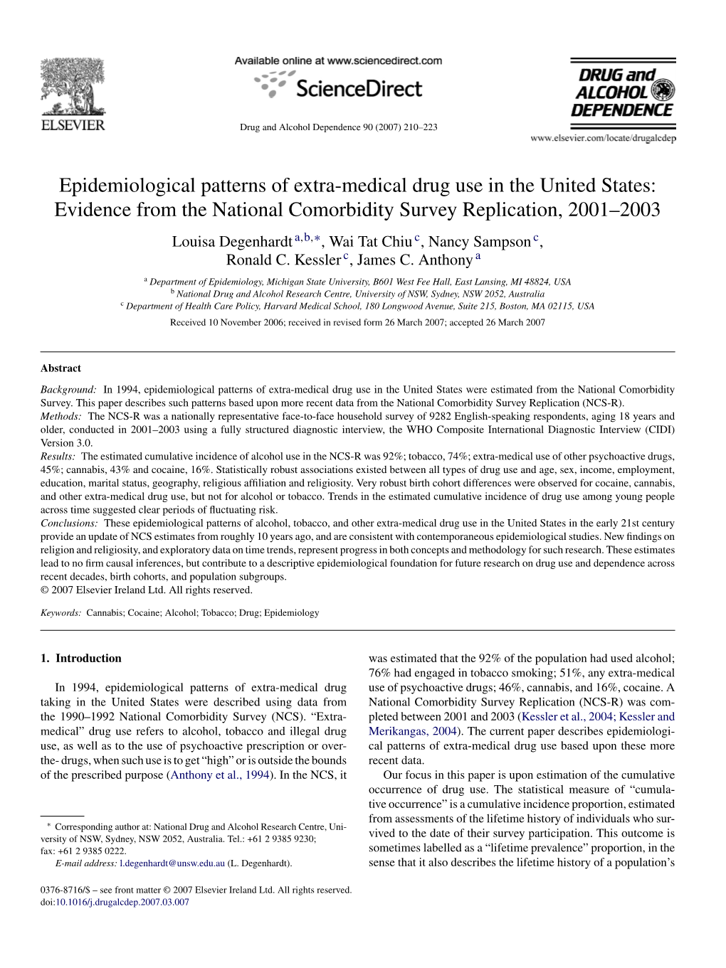 Epidemiological Patterns of Extra-Medical Drug Use in The