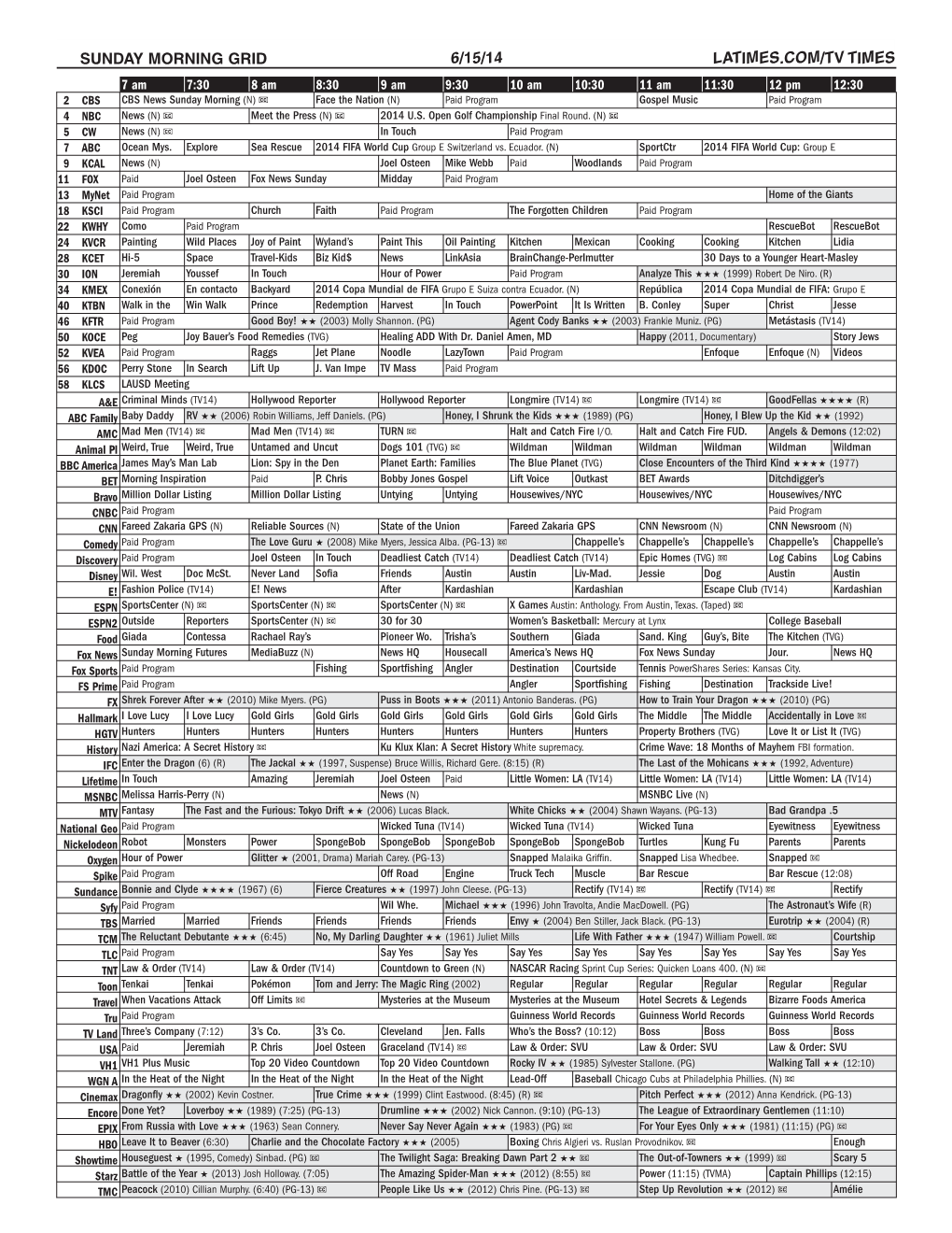 Sunday Morning Grid 6/15/14 Latimes.Com/Tv Times