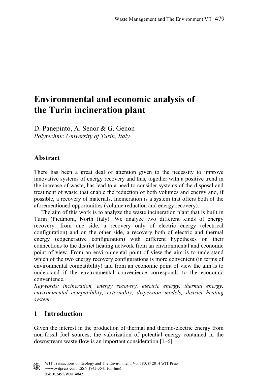 Environmental and Economic Analysis of the Turin Incineration Plant