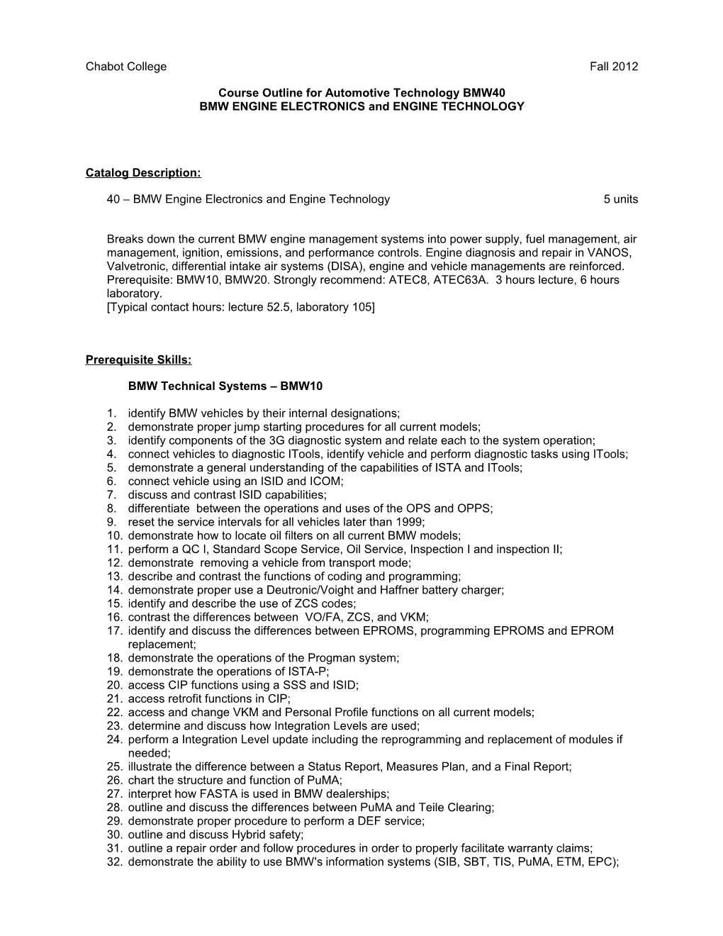 Course Outline for Automotive Technology BMW40