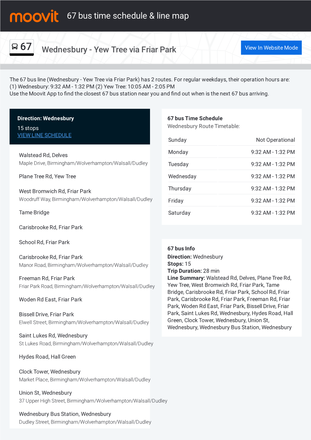 67 Bus Time Schedule & Line Route