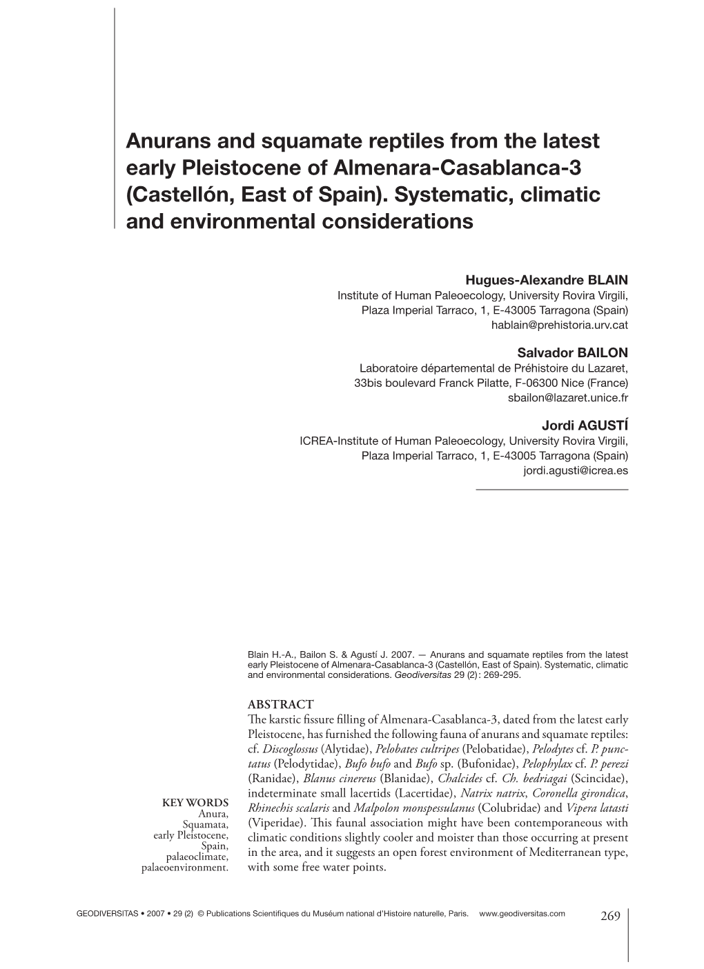 Anurans and Squamate Reptiles from the Latest Early Pleistocene of Almenara-Casablanca-3 (Castellón, East of Spain)