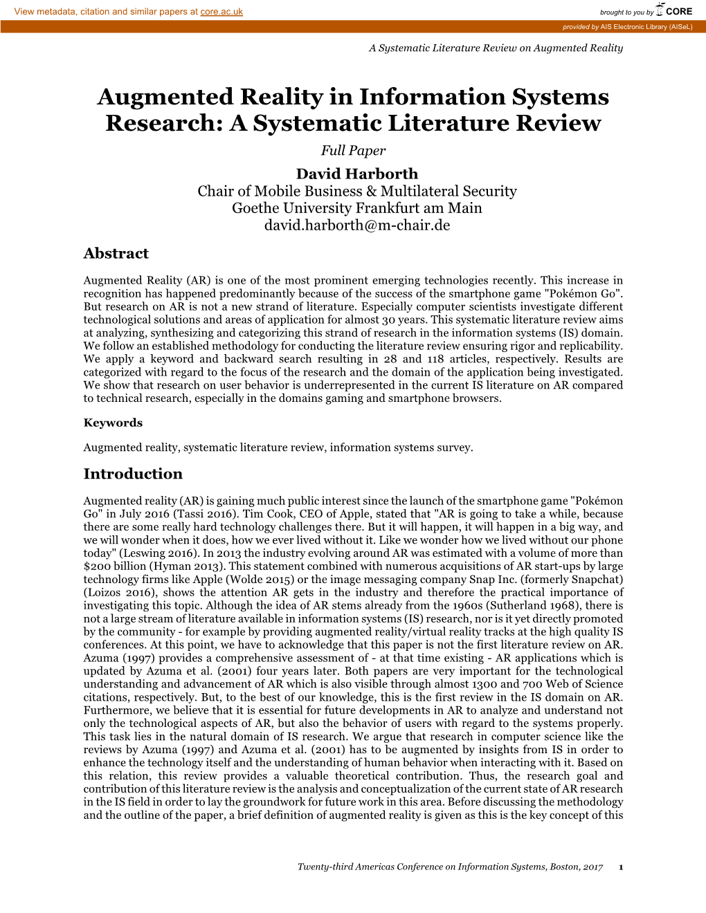 Augmented Reality in Information Systems Research: a Systematic Literature Review
