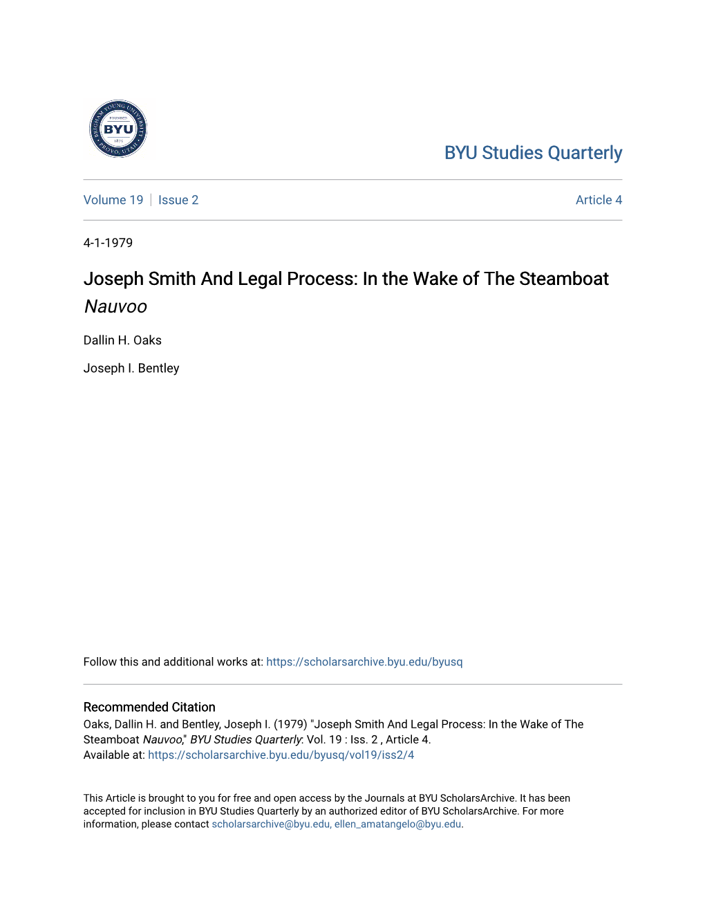 Joseph Smith and Legal Process: in the Wake of the Steamboat Nauvoo