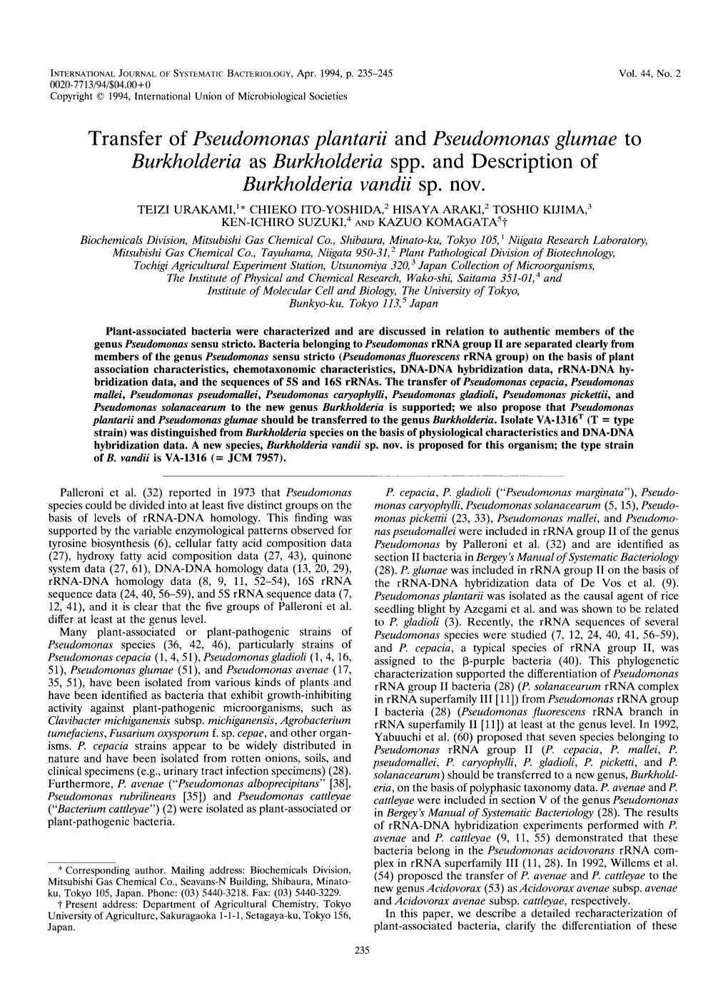 Transfer of Pseudomonas Plantarii and Pseudomonas Glumae to Burkholderia As Burkholderia Spp