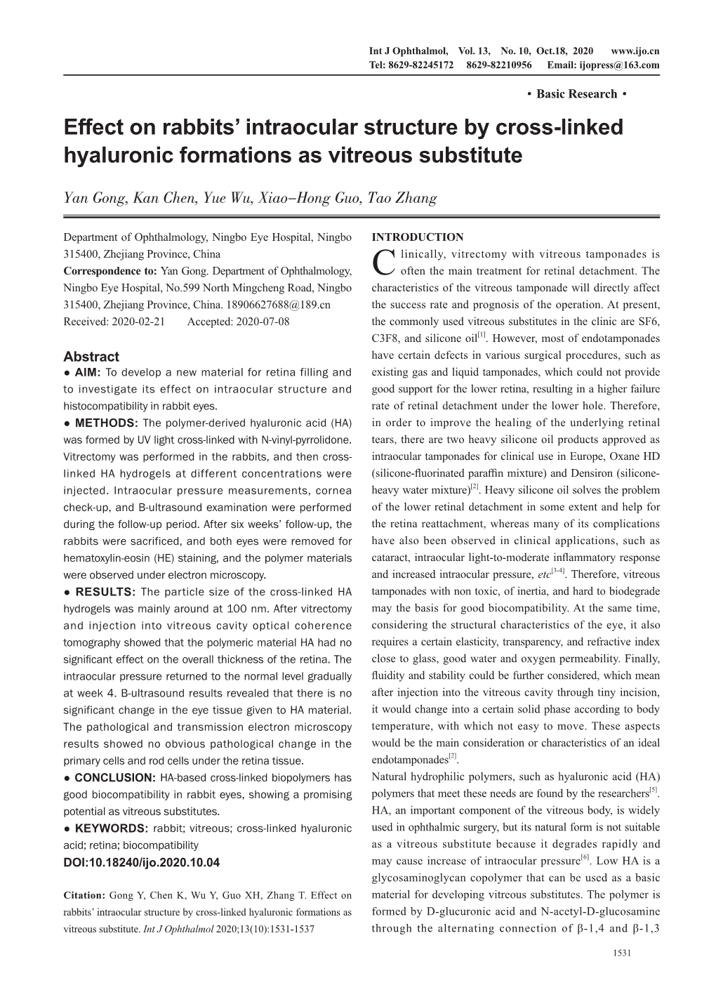 Effect on Rabbits' Intraocular Structure by Cross-Linked Hyaluronic