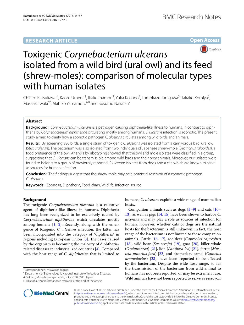 Toxigenic Corynebacterium Ulcerans Isolated from a Wild Bird (Ural Owl