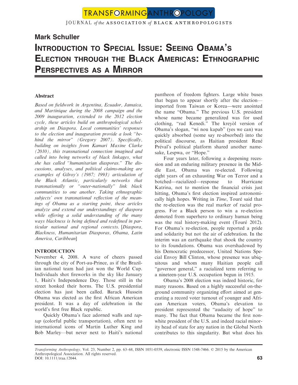 S Election Through the Black Americas:Ethnographic Perspectives As a Mirror