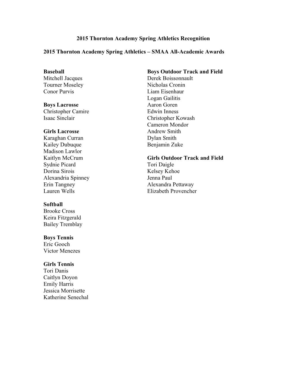 2015 Thornton Academy Spring Athletics SMAA All-Academic Awards