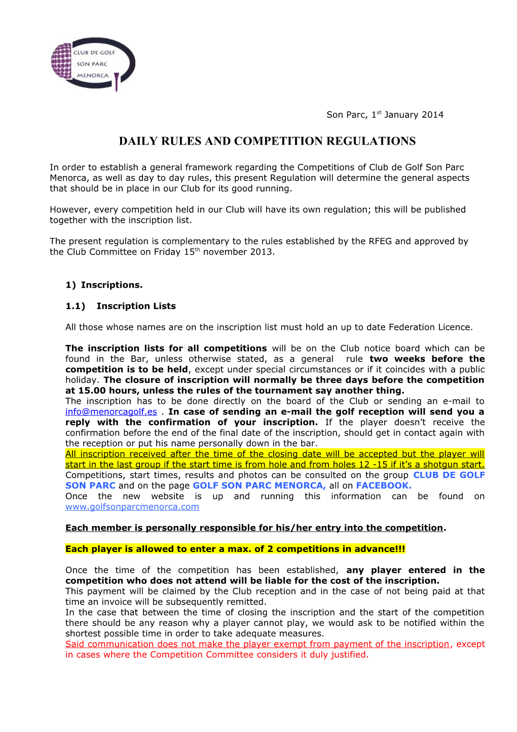 Daily Rules and Competition Regulations