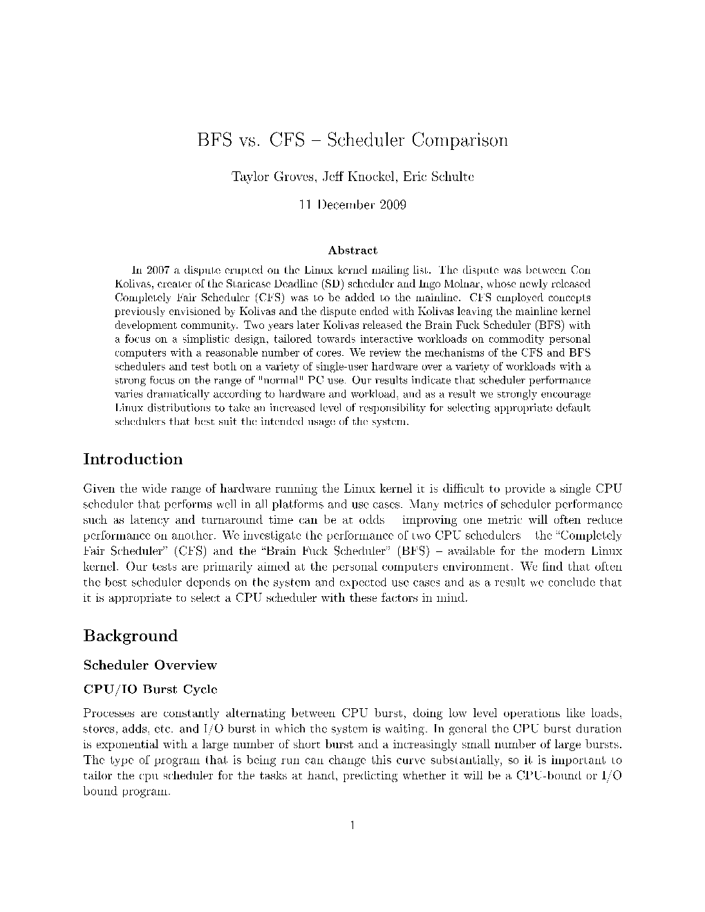 BFS Vs. CFS Scheduler Comparison Introduction Background