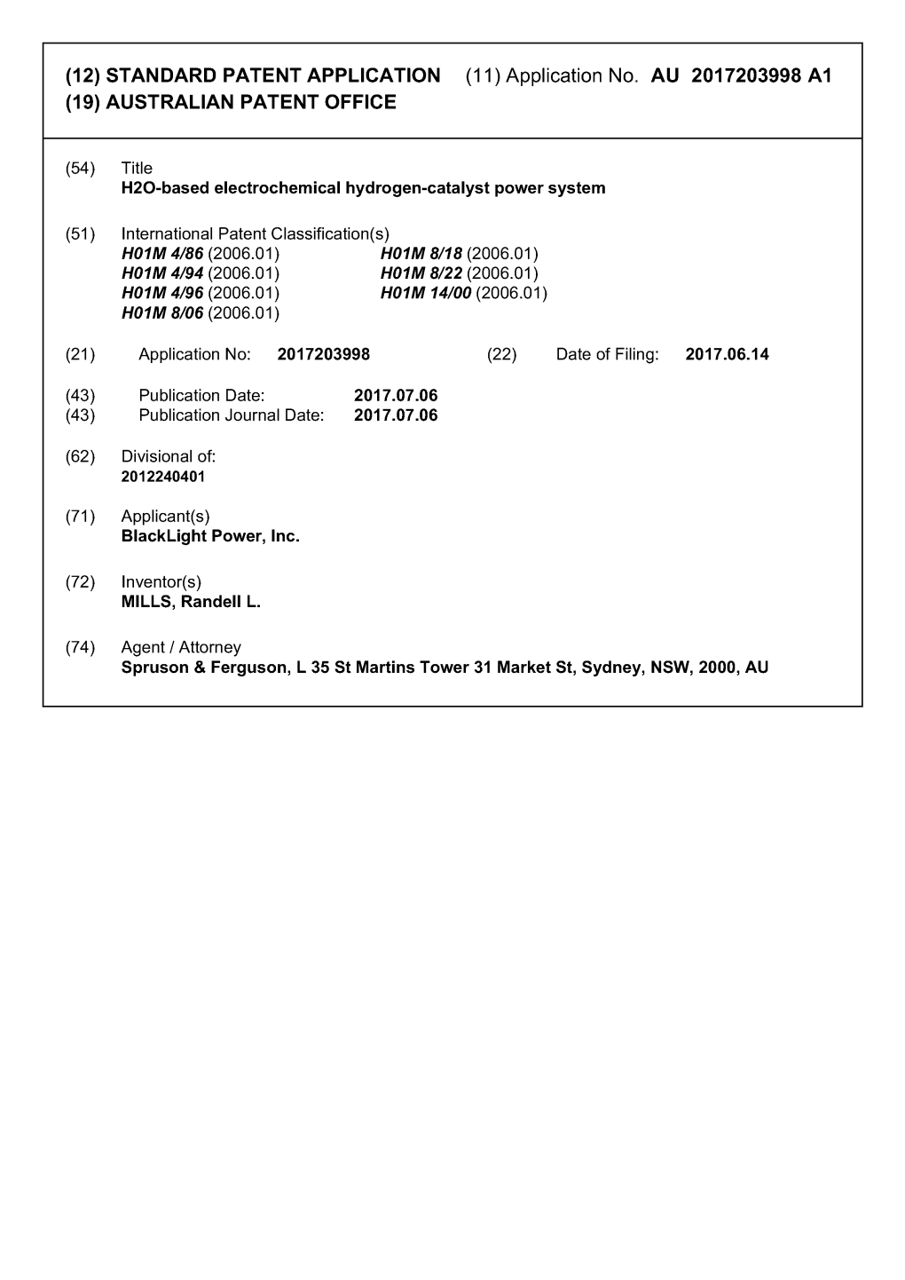 Application No. AU 2017203998 Al (19) AUSTRALIAN PATENT OFFICE