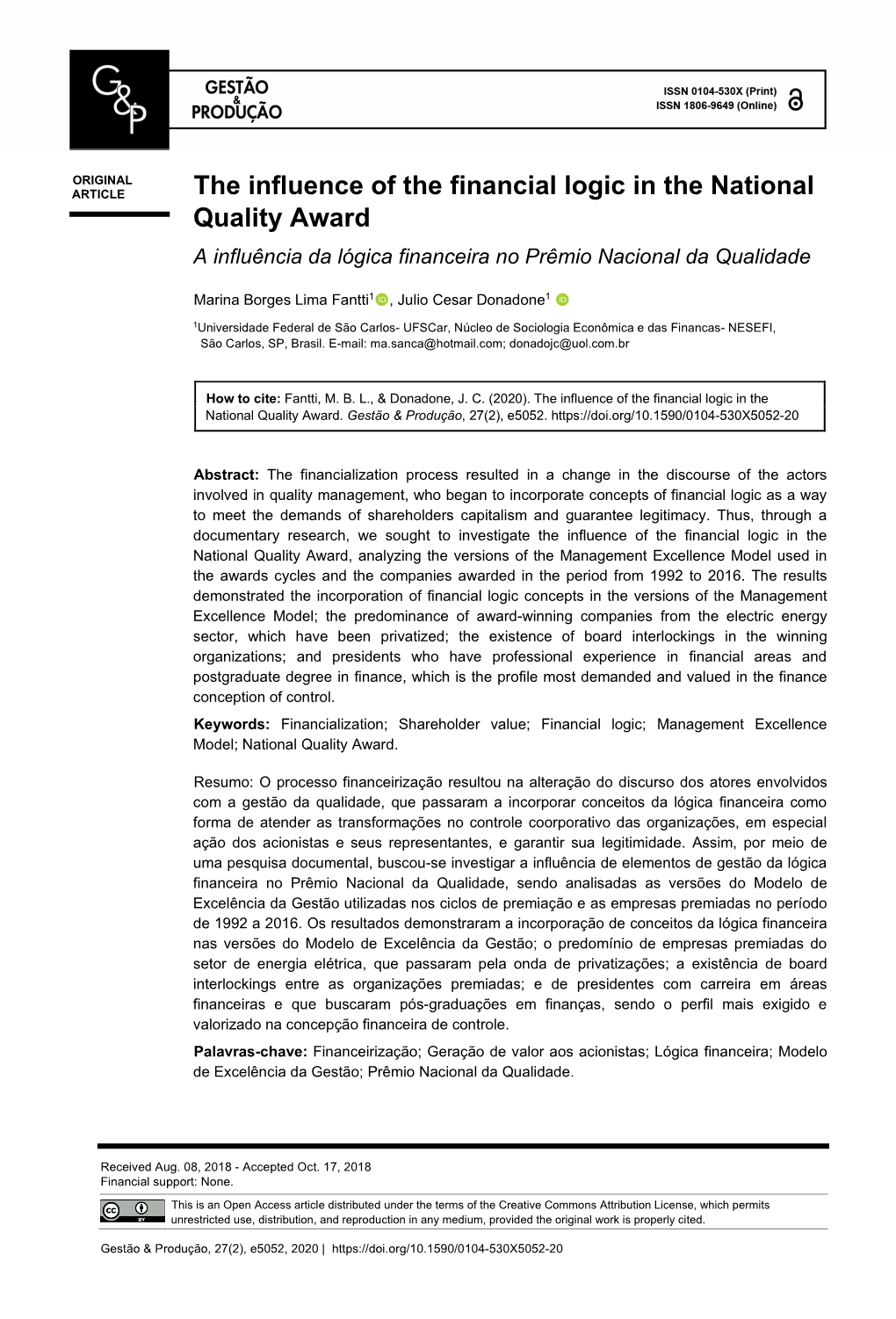 The Influence of the Financial Logic in the National Quality Award a Influência Da Lógica Financeira No Prêmio Nacional Da Qualidade