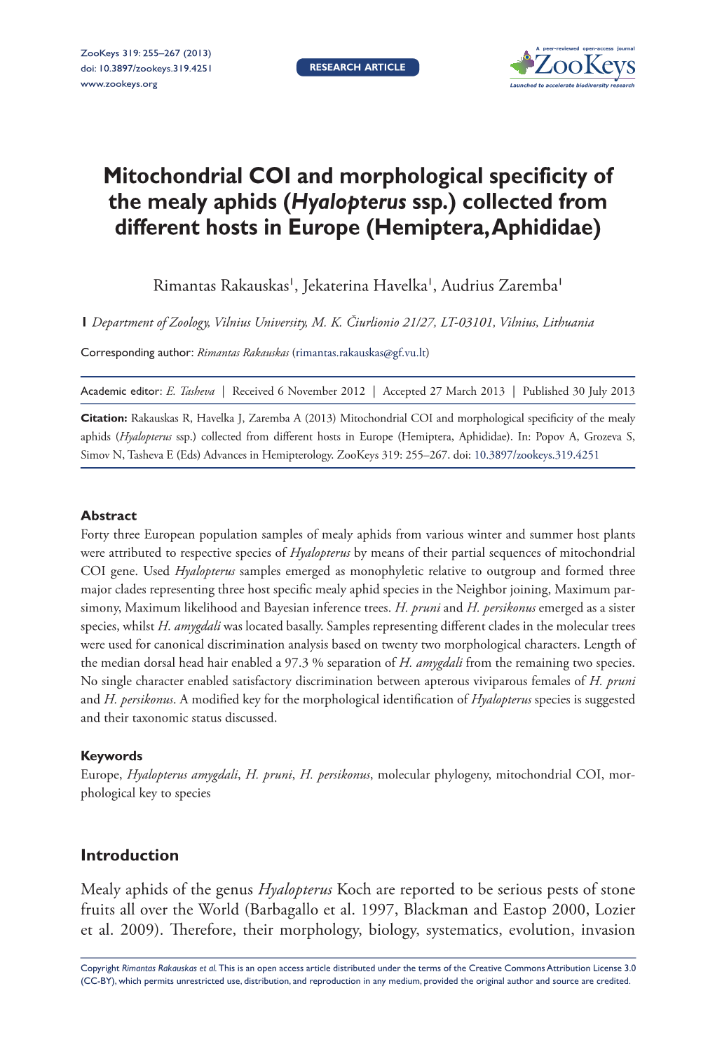 Mitochondrial COI and Morphological Specificity of the Mealy Aphids (Hyalopterus Ssp.) Collected from Different Hosts in Europe (Hemiptera, Aphididae)