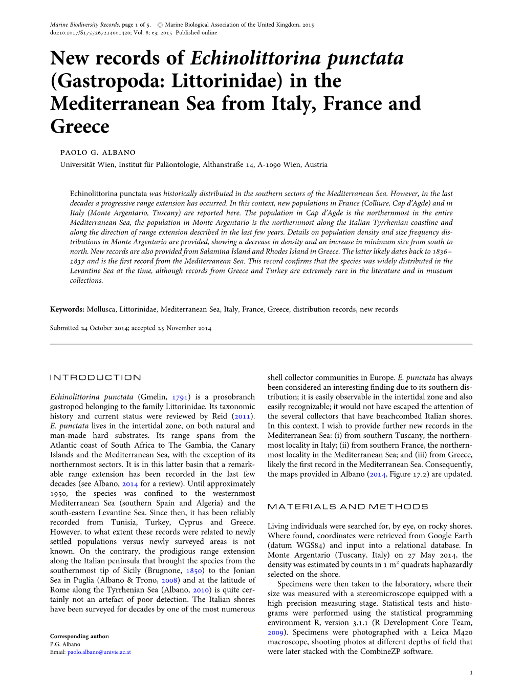 New Records of Echinolittorina Punctata (Gastropoda: Littorinidae) in the Mediterranean Sea from Italy, France and Greece Paolo G