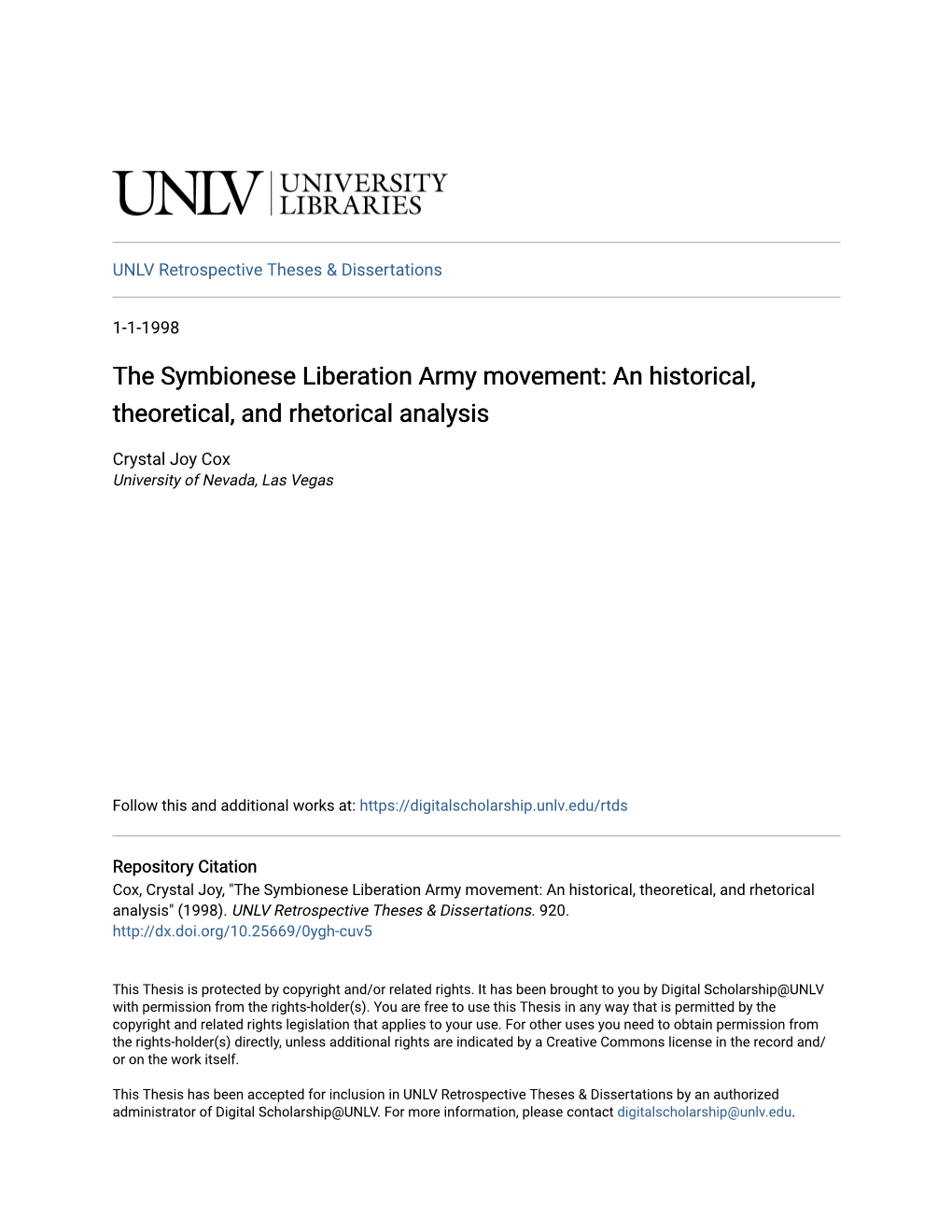 The Symbionese Liberation Army Movement: an Historical, Theoretical, and Rhetorical Analysis