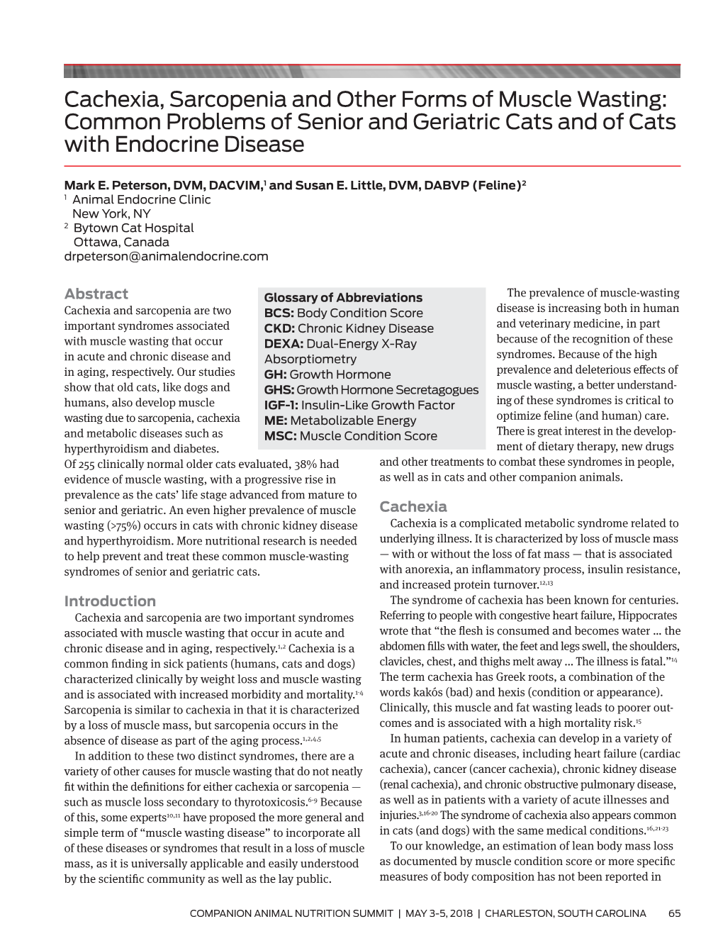 Cachexia, Sarcopenia and Other Forms of Muscle Wasting: Common Problems of Senior and Geriatric Cats and of Cats with Endocrine Disease