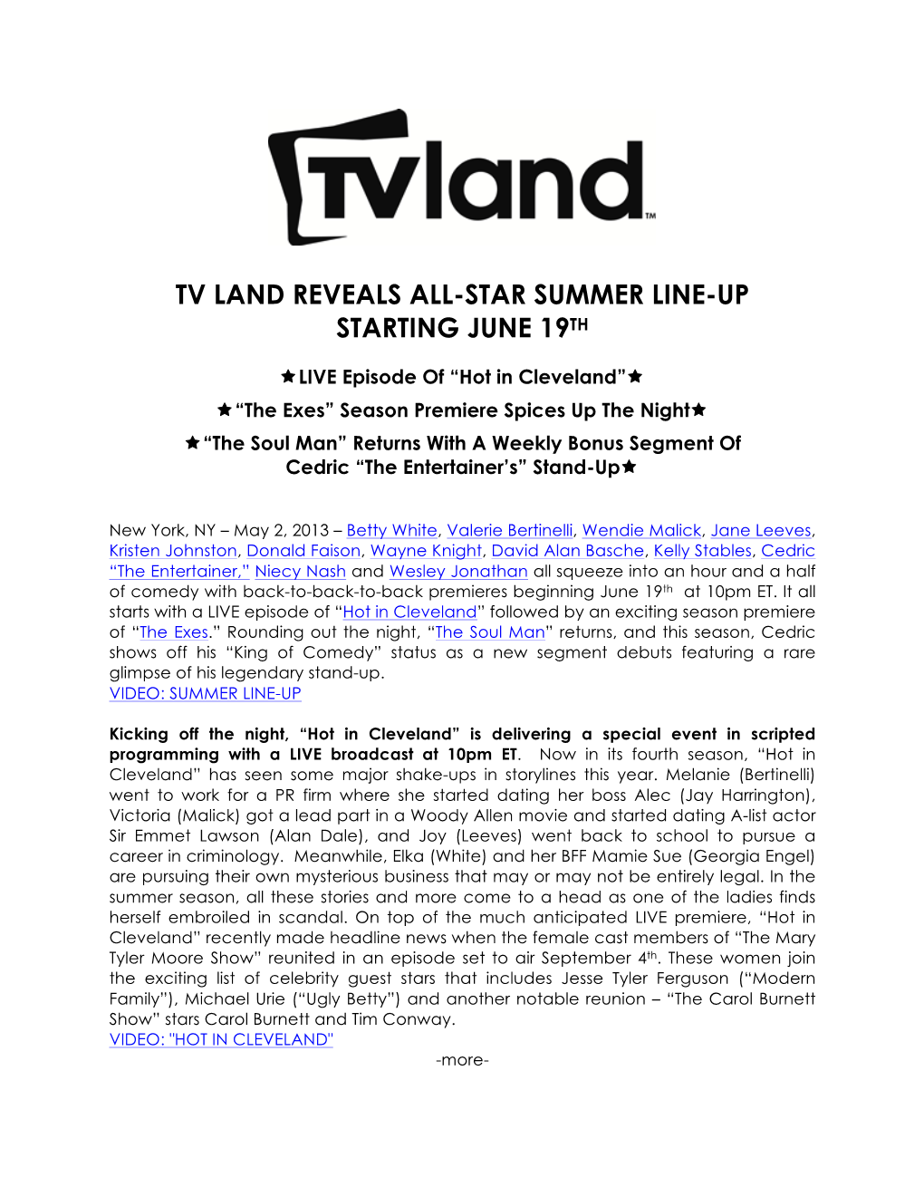 Tv Land Reveals All-Star Summer Line-Up Starting June 19Th