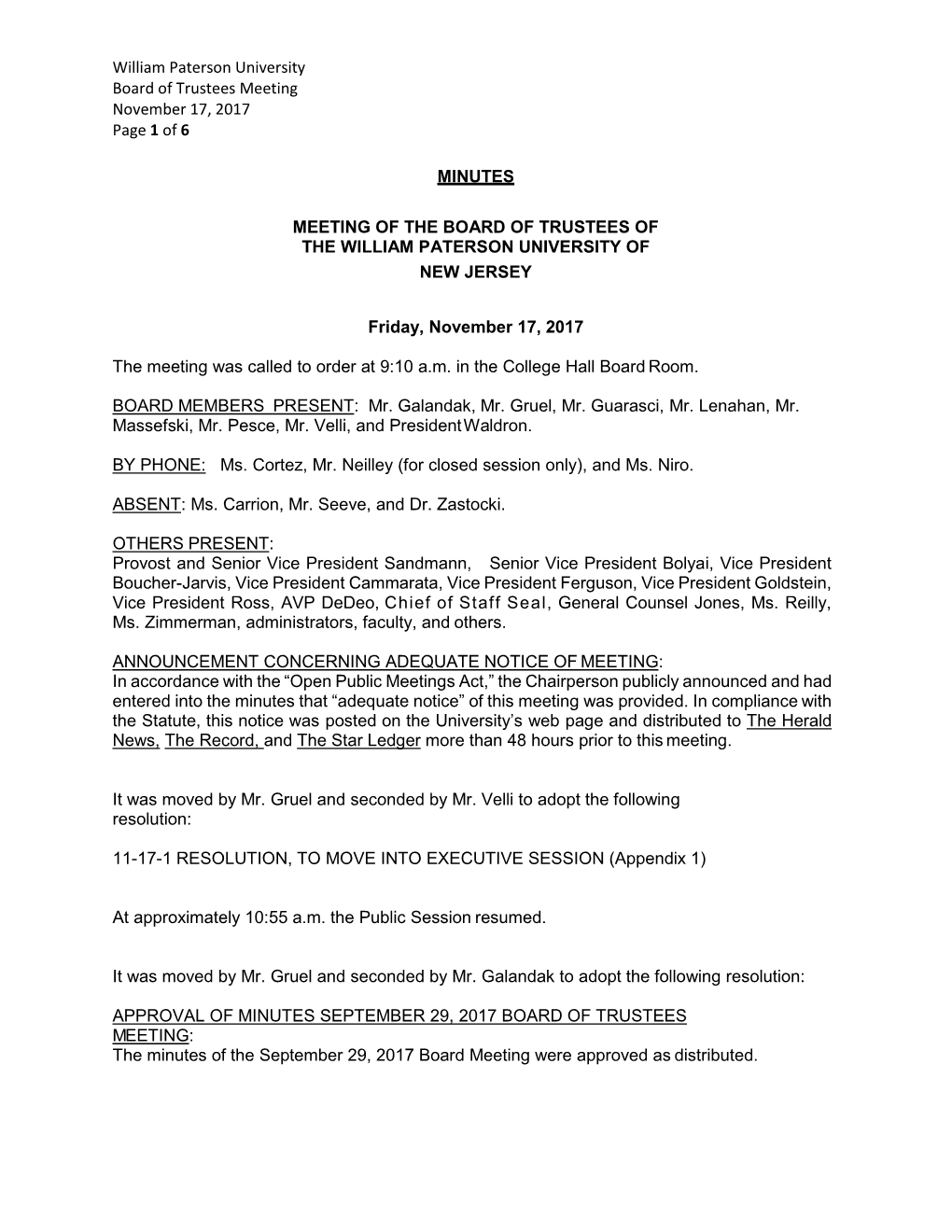 William Paterson University Board of Trustees Meeting November 17, 2017 Page 1 of 6 MINUTES MEETING of the BOARD of TRUSTEES OF