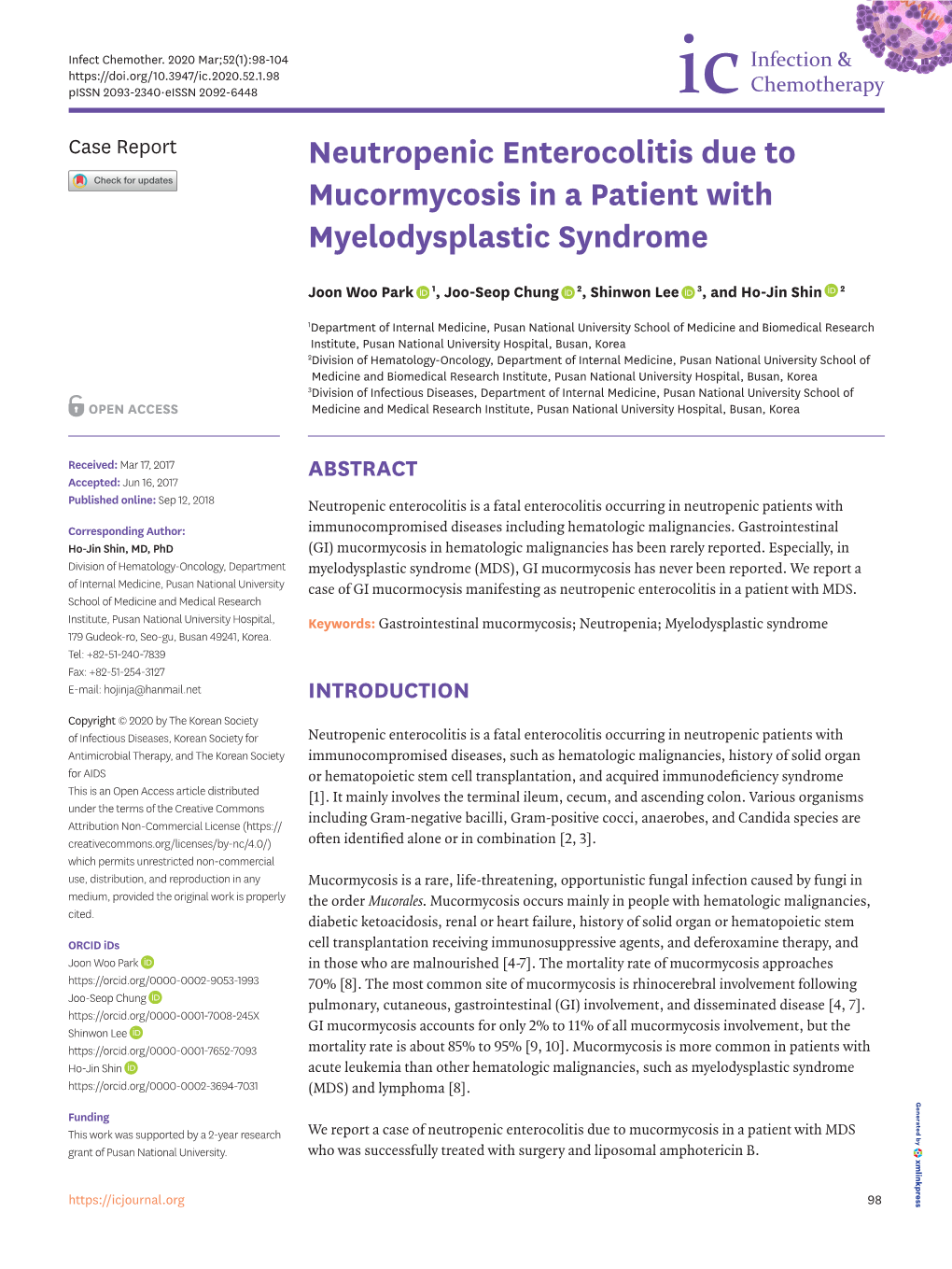 Neutropenic Enterocolitis Due to Mucormycosis in a Patient with Myelodysplastic Syndrome