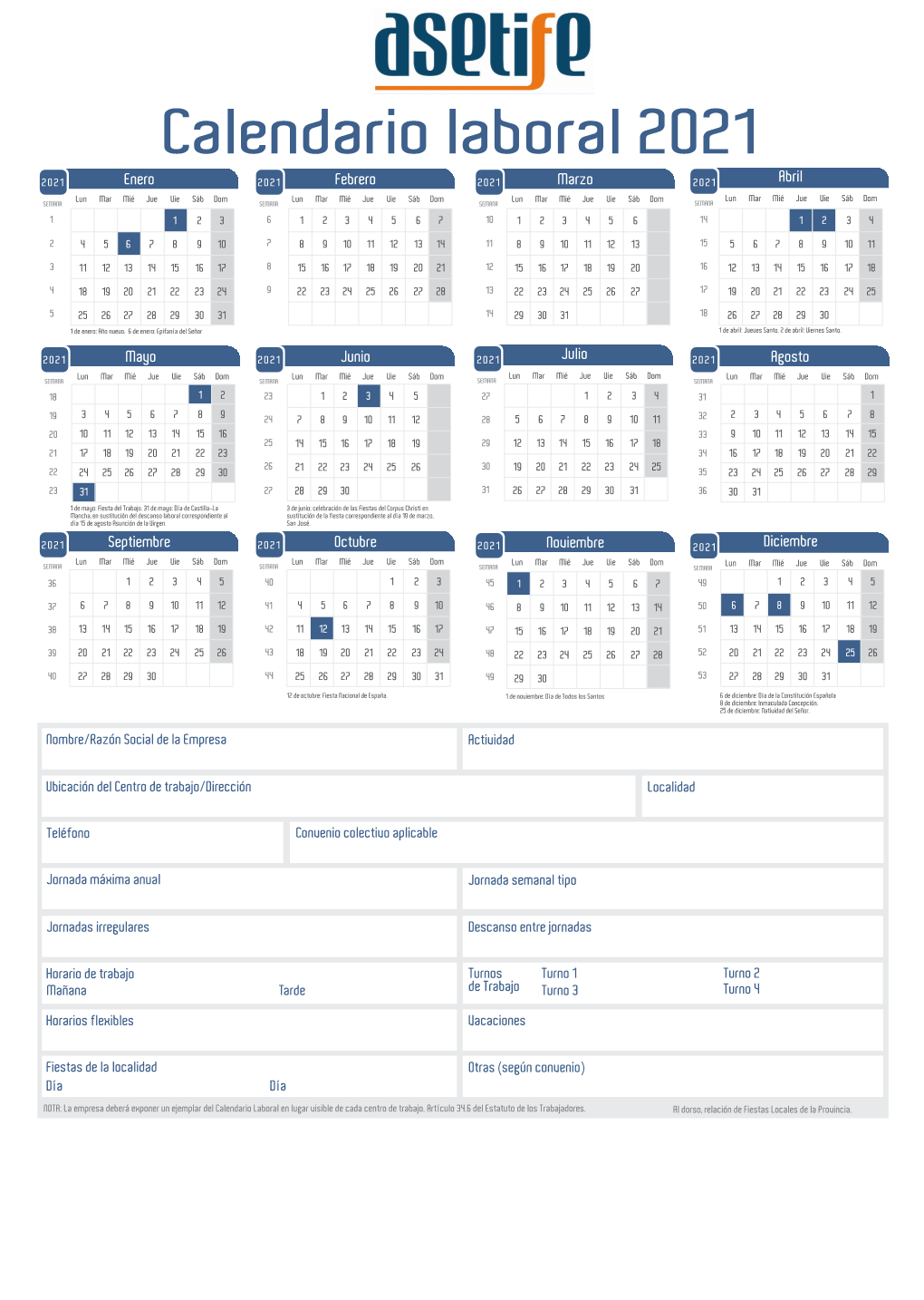 Fedeto Calendario Laboral 2021